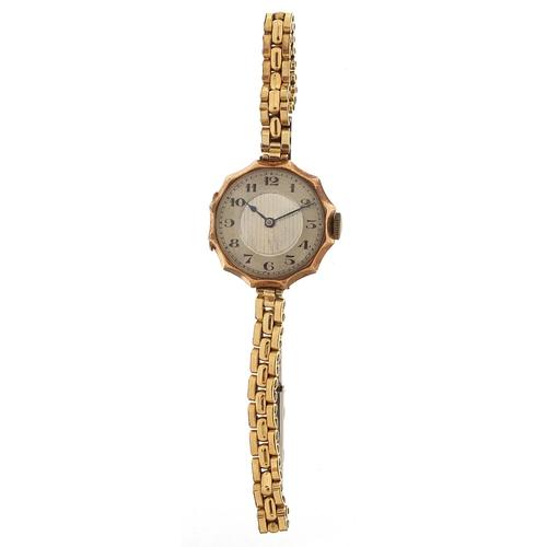 1123 - Vintage ladies 9ct gold wristwatch with gold plated strap, housed in a James Walker Ltd fitted box, ... 