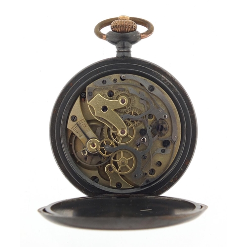 1077 - Vintage gun metal open face chronograph pocket watch with enamelled dial, the case numbered 12470, 5... 