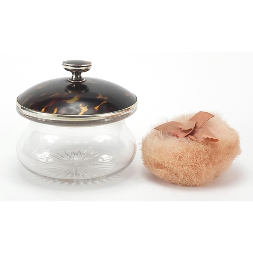 365 - Levi & Salaman, George V cut glass powder pot with silver and tortoiseshell lid, Birmingham 1919, 14... 