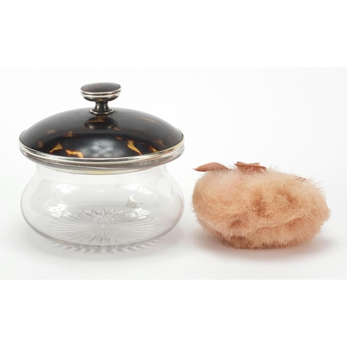 365 - Levi & Salaman, George V cut glass powder pot with silver and tortoiseshell lid, Birmingham 1919, 14... 