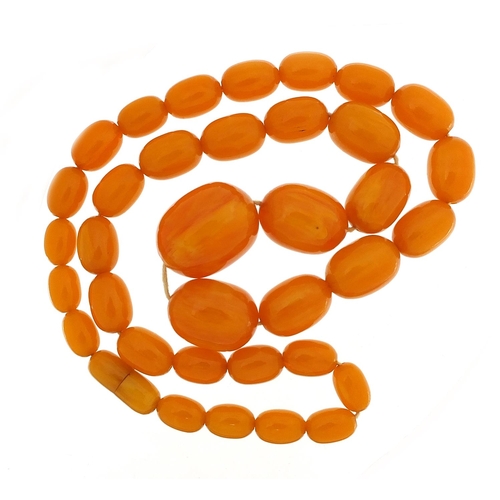 899 - Butterscotch amber coloured bead necklace, the largest bead 3.1cm in length, 64cm in length, 93.6g