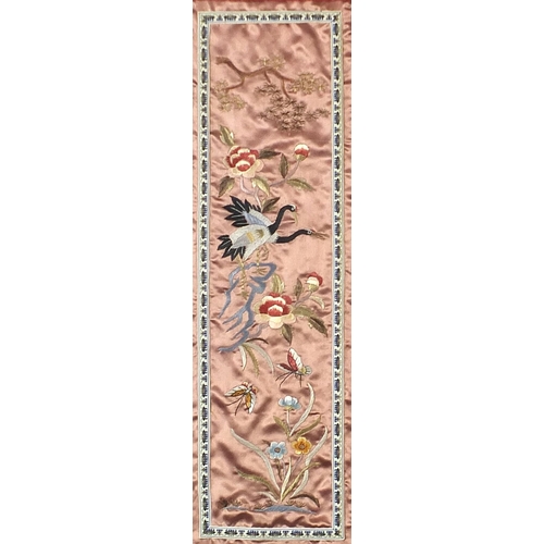 1413 - Pair of Chinese silk panels embroidered with birds and flowers, mounted, framed and glazed, each 39c... 