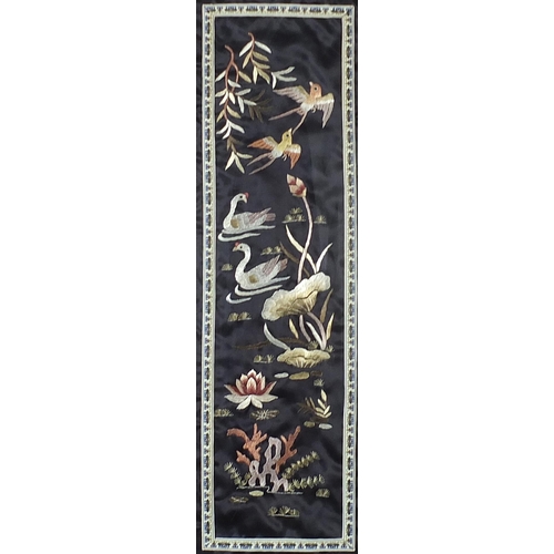 1413 - Pair of Chinese silk panels embroidered with birds and flowers, mounted, framed and glazed, each 39c... 