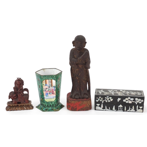 1875 - Chinese objects including a carved wood figure of a monk, Canton pot enamelled with figures and a wo... 