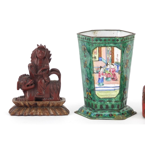 1875 - Chinese objects including a carved wood figure of a monk, Canton pot enamelled with figures and a wo... 