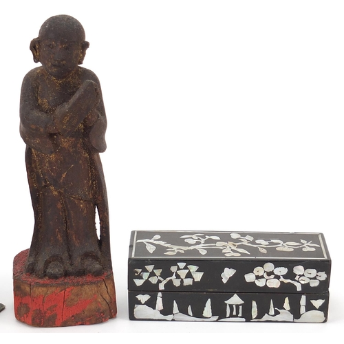 1875 - Chinese objects including a carved wood figure of a monk, Canton pot enamelled with figures and a wo... 