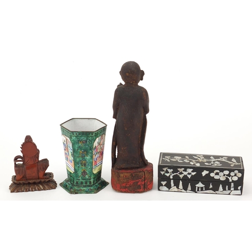 1875 - Chinese objects including a carved wood figure of a monk, Canton pot enamelled with figures and a wo... 