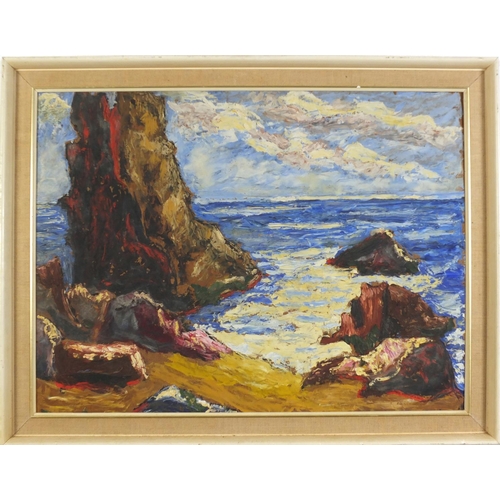 1505 - Rocky coastal scene, Expressionist oil on board, mounted and framed, 59cm x 44cm excluding the mount... 