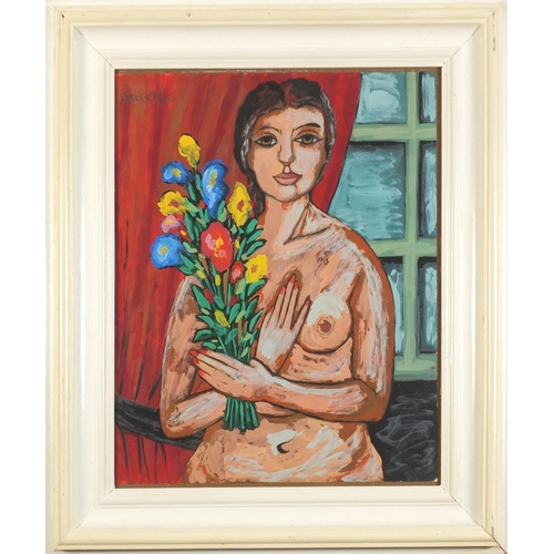 1355 - Nude female holding flowers, Continental school gouache, framed and glazed, 47cm x 37cm