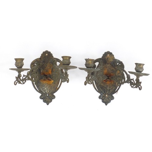 1761 - Pair of bronzed cast metal two branch wall sconces, each 22cm high