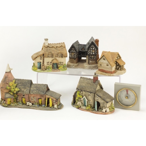 1746 - Six model cottages including David Winter together with pair of Ducal ware pottery bowls and a therm... 