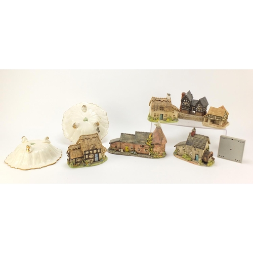 1746 - Six model cottages including David Winter together with pair of Ducal ware pottery bowls and a therm... 