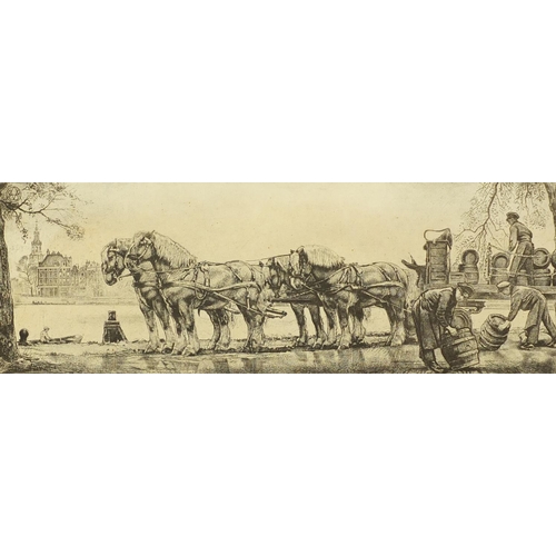 1534 - WG Hofker - Draymen unloading horse and cart before canal, Continental etching in white painted fram... 