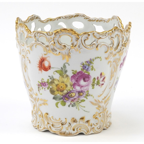 1715 - Dresden porcelain vase with pierced border hand painted and gilded with flowers, 17cm high