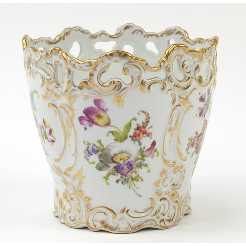 1715 - Dresden porcelain vase with pierced border hand painted and gilded with flowers, 17cm high