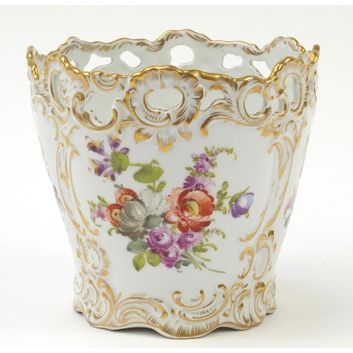 1715 - Dresden porcelain vase with pierced border hand painted and gilded with flowers, 17cm high