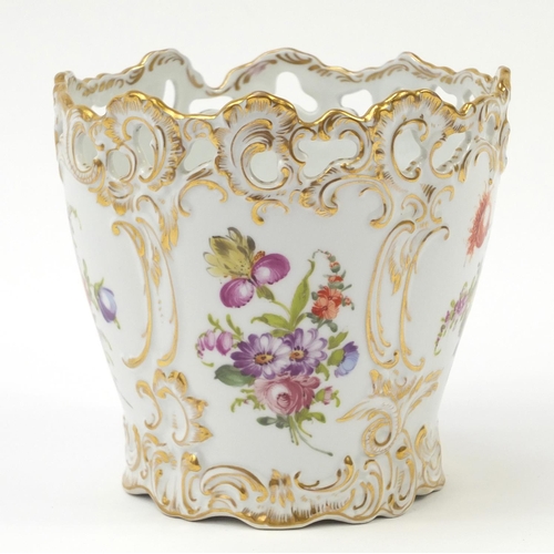 1715 - Dresden porcelain vase with pierced border hand painted and gilded with flowers, 17cm high