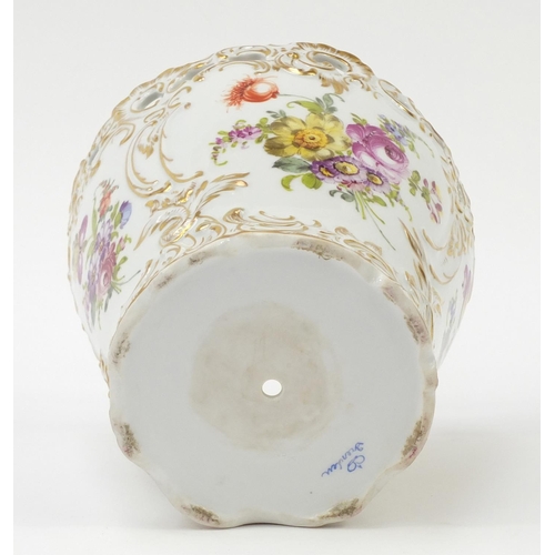 1715 - Dresden porcelain vase with pierced border hand painted and gilded with flowers, 17cm high