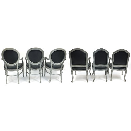 652 - Set of six French style black leather dining chairs probably by Jimmy Martin, commissioned by Gary R... 