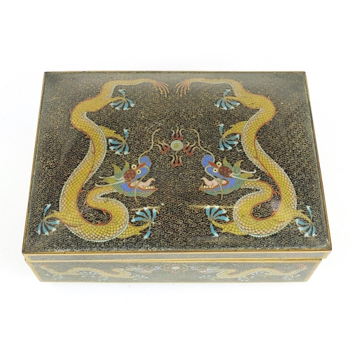 403 - Chinese cloisonne brass and enamel cigar box enamelled with dragons chasing a flaming pearl, 10cm H ... 