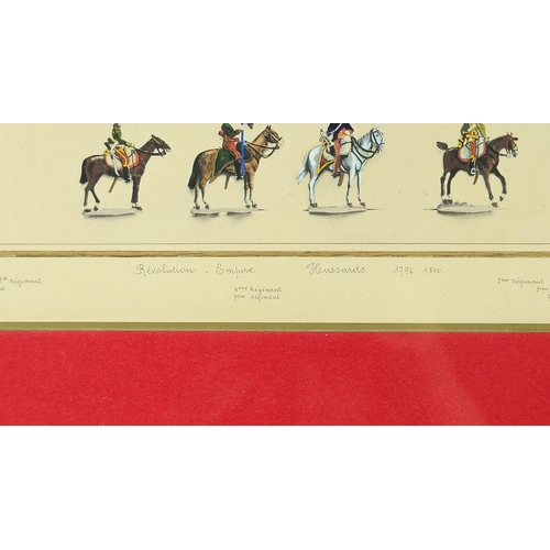 1356 - Revolution Empire, Hussards, military interest heightened watercolour, mounted, framed and glazed, 3... 