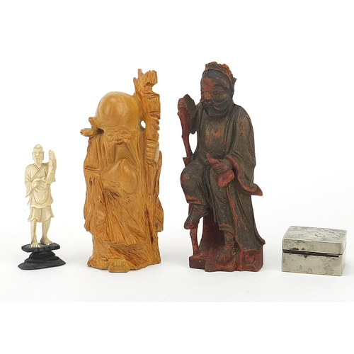 1269 - Chinese sundry items including a lacquered wood carving of a figure holding a gourd, white metal box... 