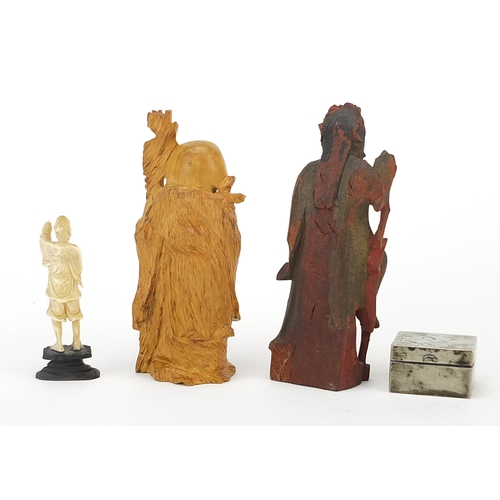 1269 - Chinese sundry items including a lacquered wood carving of a figure holding a gourd, white metal box... 