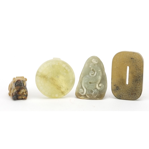1569 - Chinese jade and hardstone carvings including a buffalo and a buckle, the largest 7cm wide