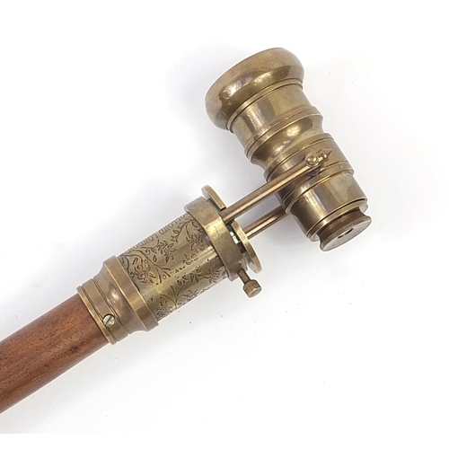 1877 - Hardwood walking stick with brass two draw telescope and compass pommel, 96cm in length