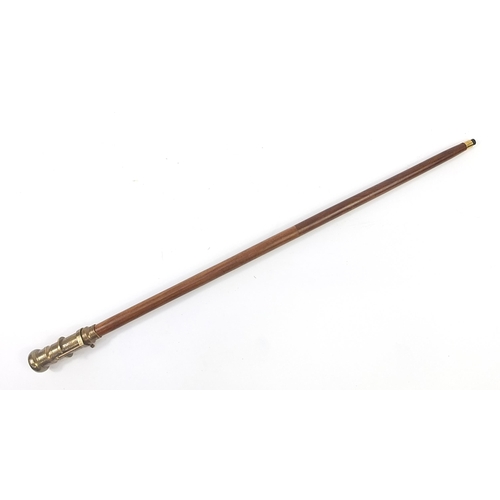 1877 - Hardwood walking stick with brass two draw telescope and compass pommel, 96cm in length