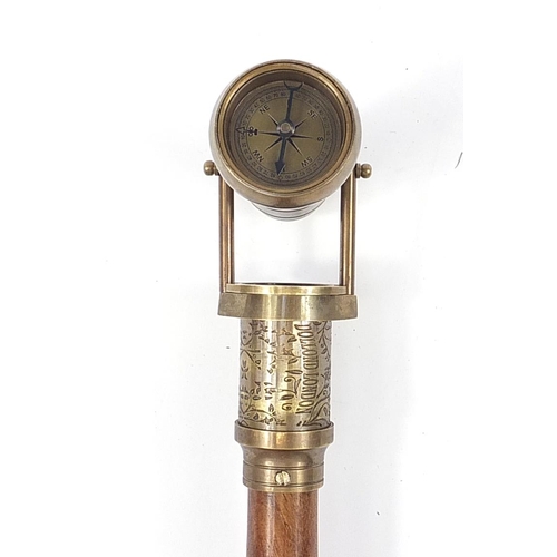 1877 - Hardwood walking stick with brass two draw telescope and compass pommel, 96cm in length