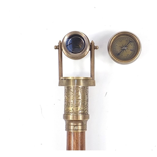 1877 - Hardwood walking stick with brass two draw telescope and compass pommel, 96cm in length