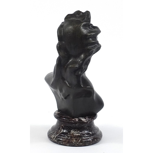 185 - Patinated bronze bust of a nude Art Nouveau female raised on a variegated marble base, 25cm high