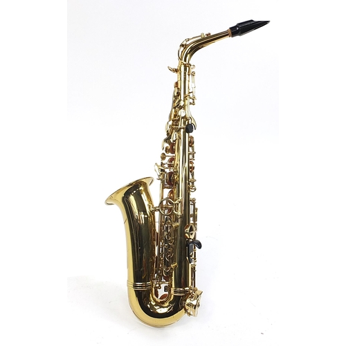 699 - Artemis MKII brass saxophone numbered 0106449,  housed in a fitted case