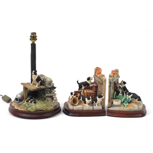 512 - Pair of Border Fine Arts Border Collie bookends  titled Not a Moment's Rest and a table lamp by Ray ... 