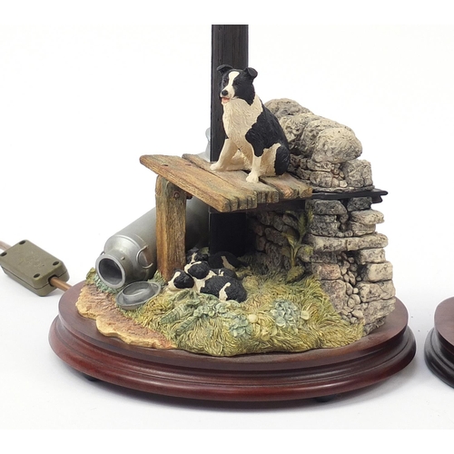 512 - Pair of Border Fine Arts Border Collie bookends  titled Not a Moment's Rest and a table lamp by Ray ... 