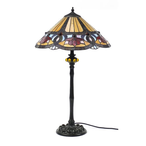 521 - Tiffany design bronzed table lamp with leaded floral shade, 68.5cm high