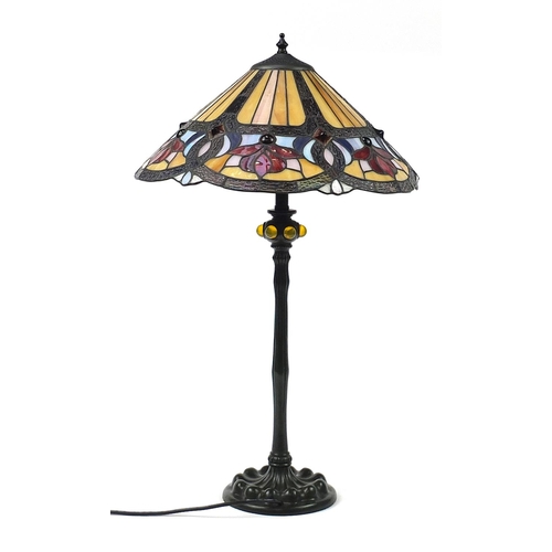 521 - Tiffany design bronzed table lamp with leaded floral shade, 68.5cm high