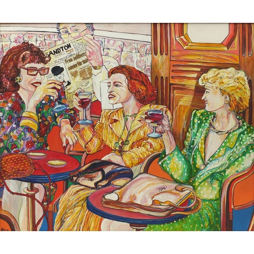 428A - Princess Diana and Janet Street Porter seated at a table, 1980's oil on canvas, indistinctly signed,... 