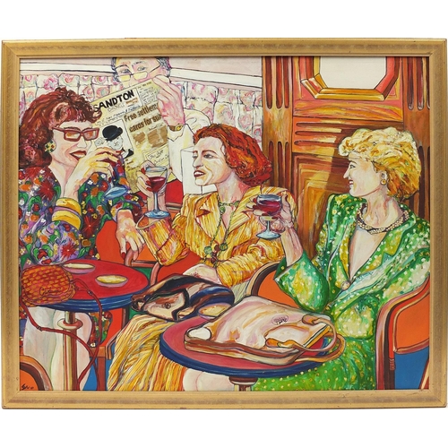 428A - Princess Diana and Janet Street Porter seated at a table, 1980's oil on canvas, indistinctly signed,... 