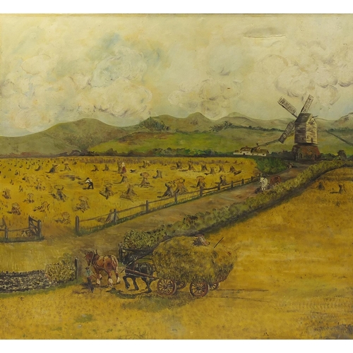 340A - Figures haymaking before a windmill and hills, oil on canvas, mounted and framed, 147cm x 128cm excl... 