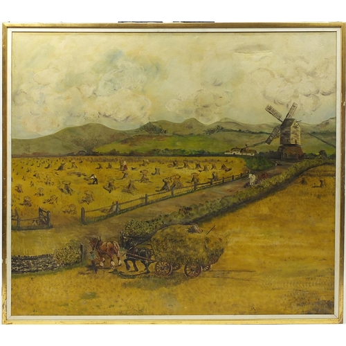 340A - Figures haymaking before a windmill and hills, oil on canvas, mounted and framed, 147cm x 128cm excl... 