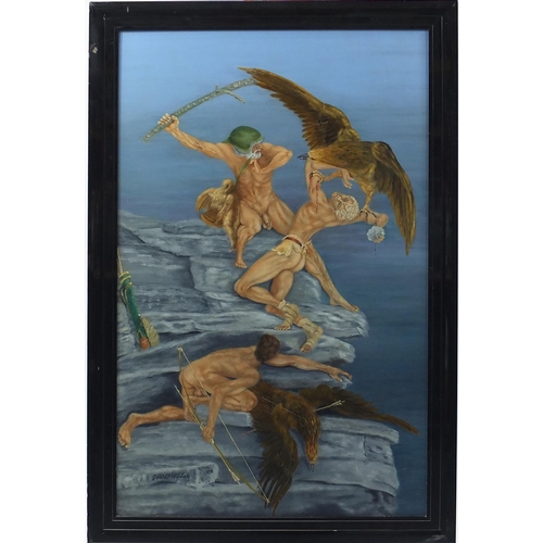 362A - Ronald C Fowler - Classical composition with figures and eagles, oil on board, mounted and framed, 1... 