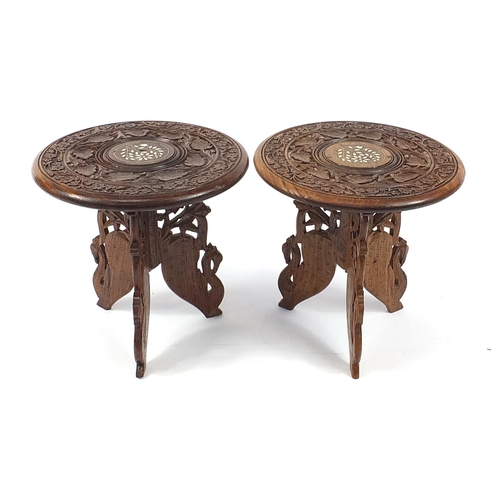 1517 - Pair of Anglo Indian carved wood occasional tables, each 29cm high x 30cm in diameter