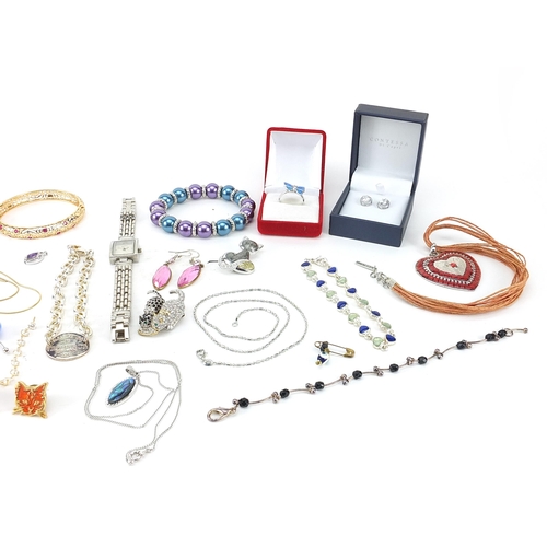 1249 - Costume jewellery, some silver including a love heart bracelet, yellow metal bangle and love heart p... 