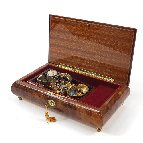 1730 - Costume jewellery and wristwatches arranged in an inlaid music jewellery box including wristwatches,... 