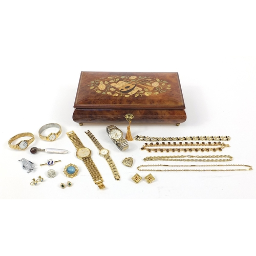 1730 - Costume jewellery and wristwatches arranged in an inlaid music jewellery box including wristwatches,... 