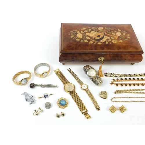 1730 - Costume jewellery and wristwatches arranged in an inlaid music jewellery box including wristwatches,... 