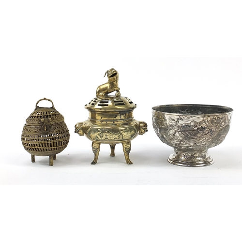 1512 - Chinese and Japanese metalware including a bronze tripod censer with pierced cover, the largest 22cm... 