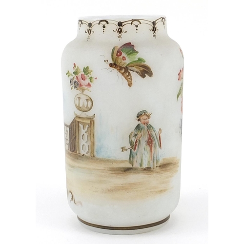 1292 - Continental opaque glass vase decorated with a Chinese figure amongst flowers, 11.5cm high